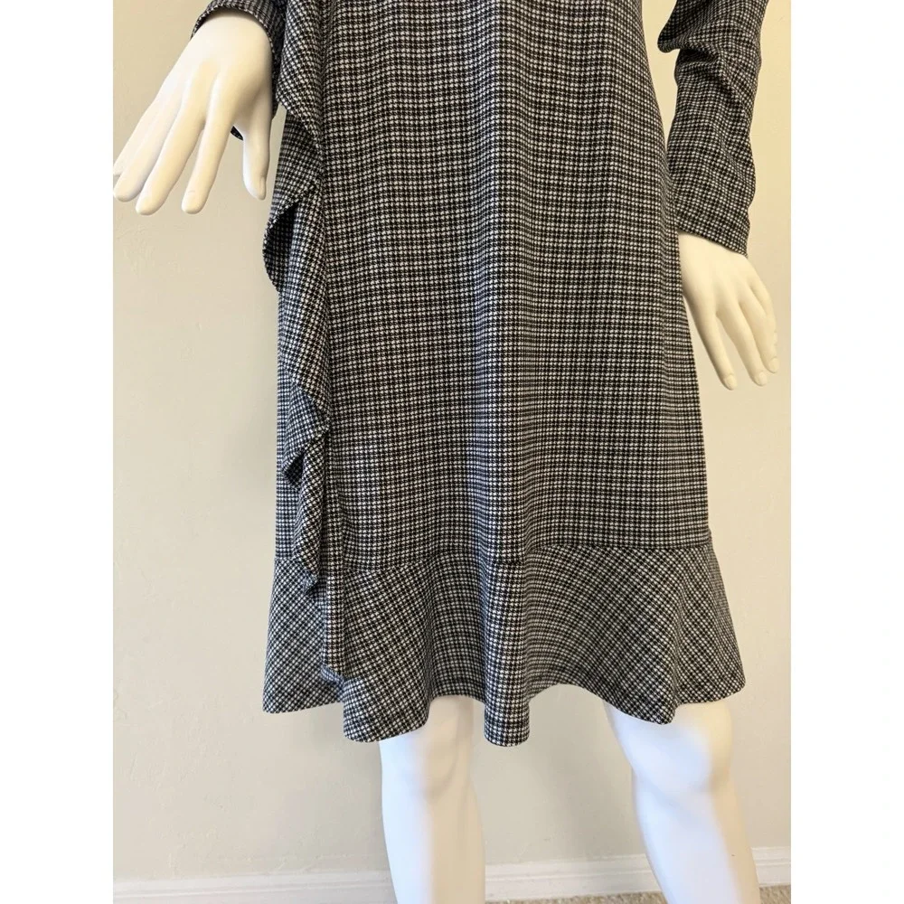 Michael Kors Houndstooth Ruffle Knit A-Line Dress Black White Long‎ Sleeve L